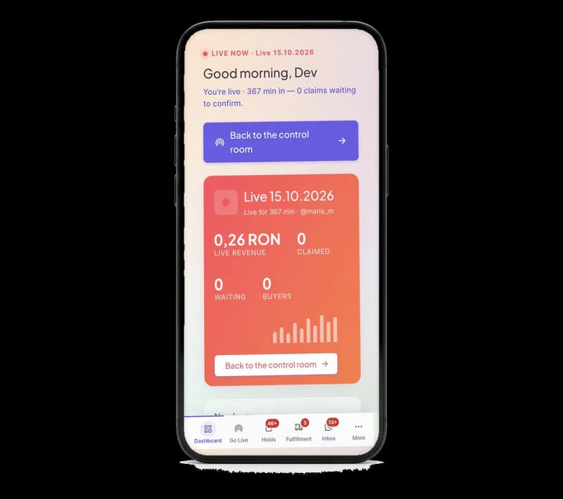 LiveSell, panoul principal în timpul unui live