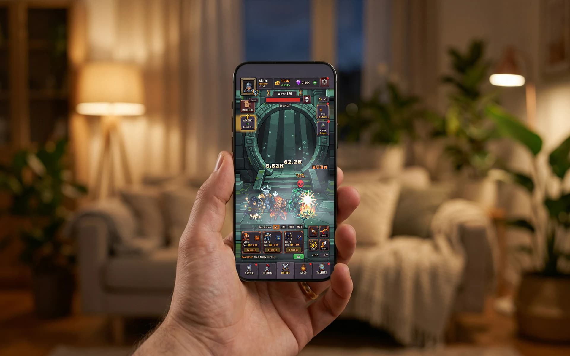 Idle Ascent, wave battle with the full team, on a phone